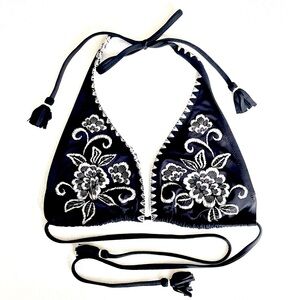 JOHNNY WAS Margaux String Bikini Top Embroidered Floral Black & White Sz M
